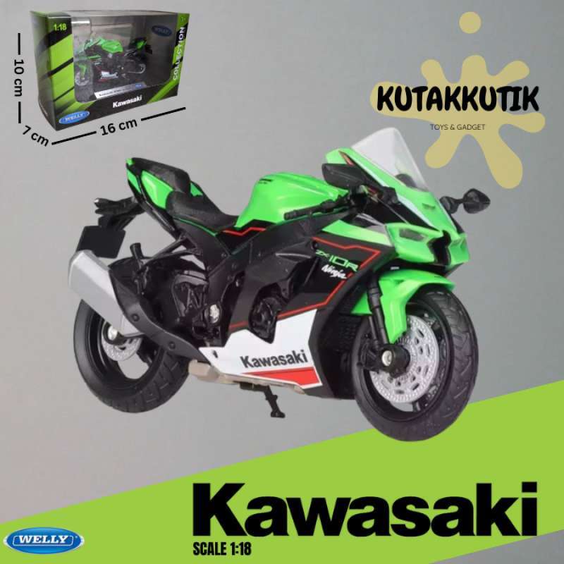 Mainan Motor Balap Sport Diecast Welly Kawasaki Ninja ZX-10R Hijau  Motorcycle Racing Skala 1:18
