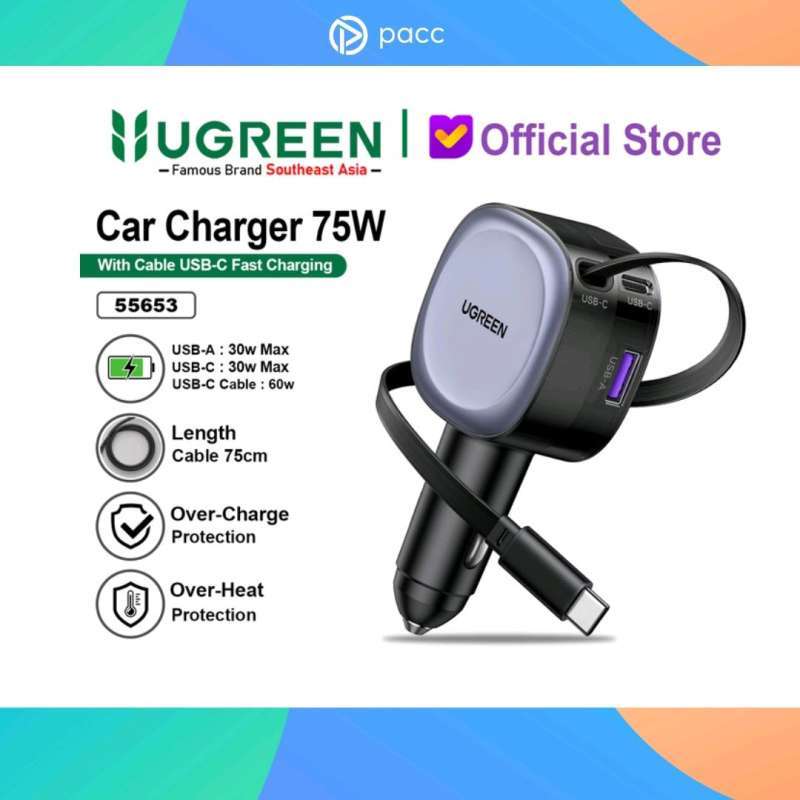 Jual Ugreen Car Charger 75w 2in1 Retractable Cable Built In USB-C