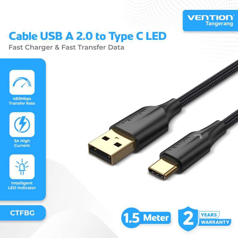 Vention Kabel Charger Data USB to Type C Fast Charging 3A Light LED  Nylon Braided Charger Cable Meter CTFBG