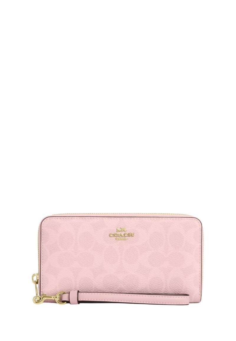 COACH Long Zip Around Wallet In Signature Canvas Gold Powder Pink