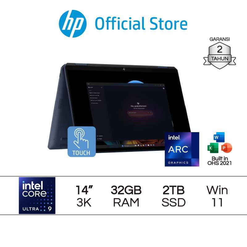 Laptop HP OmniBook Ultra Flip dengan Intel Core Ultra 9, RAM 32GB, SSD 2TB, Layar Sentuh 14 Inci 3K OLED, dan Warna Abu-Abu/Biru. Ideal untuk Pekerja Kreatif