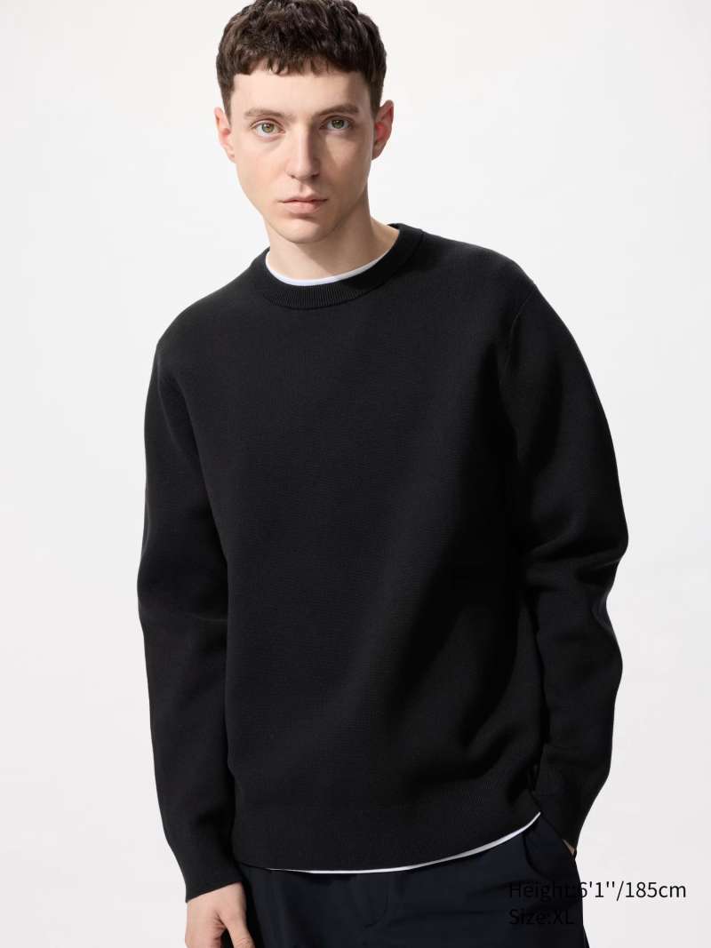 Black Crew Neck Sweater UNIQLO Sweater Washable Milano Rib Pria