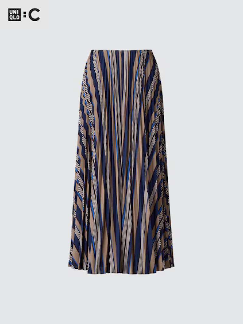UNIQLO C CLARE WAIGHT KELLER CWK Rok Panjang Pleated Long Skirt wanita  Lipit Motif Print BEIGE