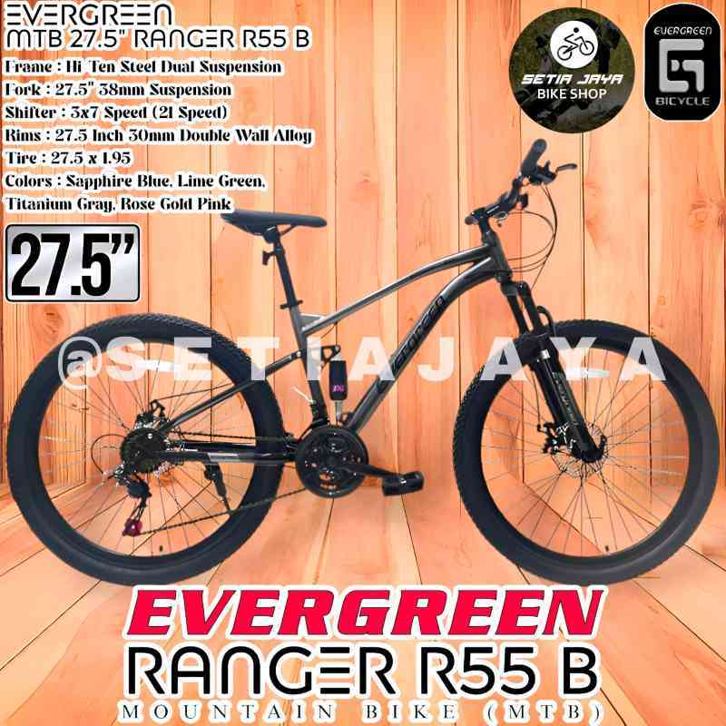 Sepeda Gunung MTB Inch EVERGREEN RANGER R55 B Frame Steel, 3x7 Speed,  Rem Cakram, Dual Suspension, Mountain Bikes Full Sus New