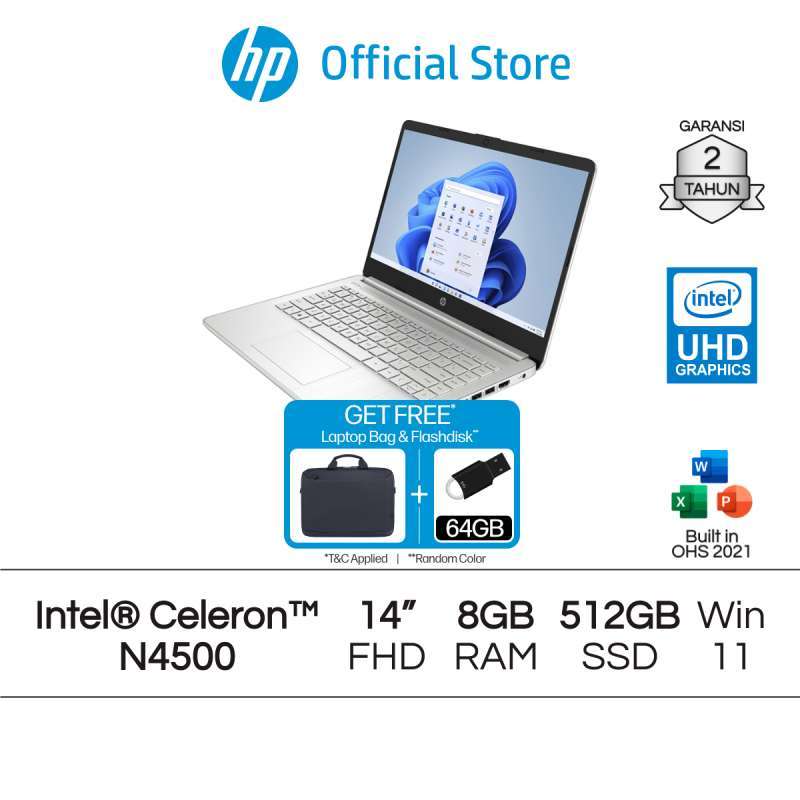 Laptop HP dengan Intel Celeron N4500 dan UHD, 8GB RAM 512GB SSD, 14 Inch FHD Display dan Windows 11, Garansi 2 Tahun, untuk Profesional dan Pelajar
