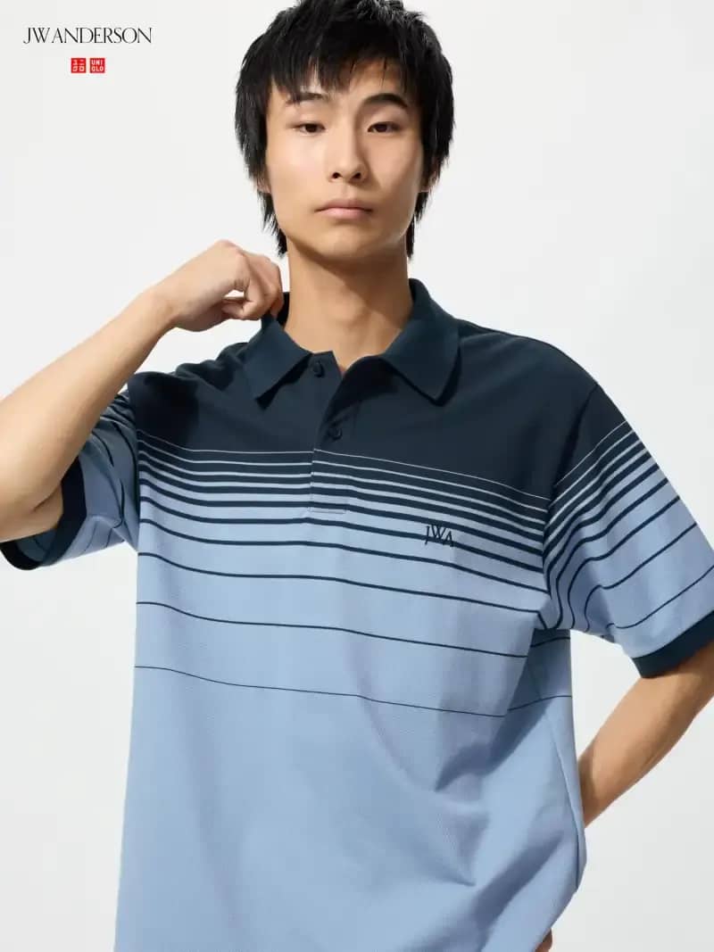 UNIQLO JWA JW ANDRESON Kaos Polo Shirt PRIA Dry Pique MOTIF Garis NAVY