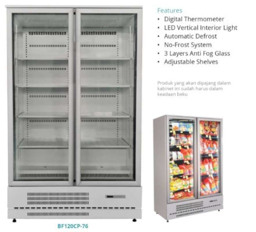 Promo BF120CP76 upright freezer auto defrost glass door 2 pintu Diskon