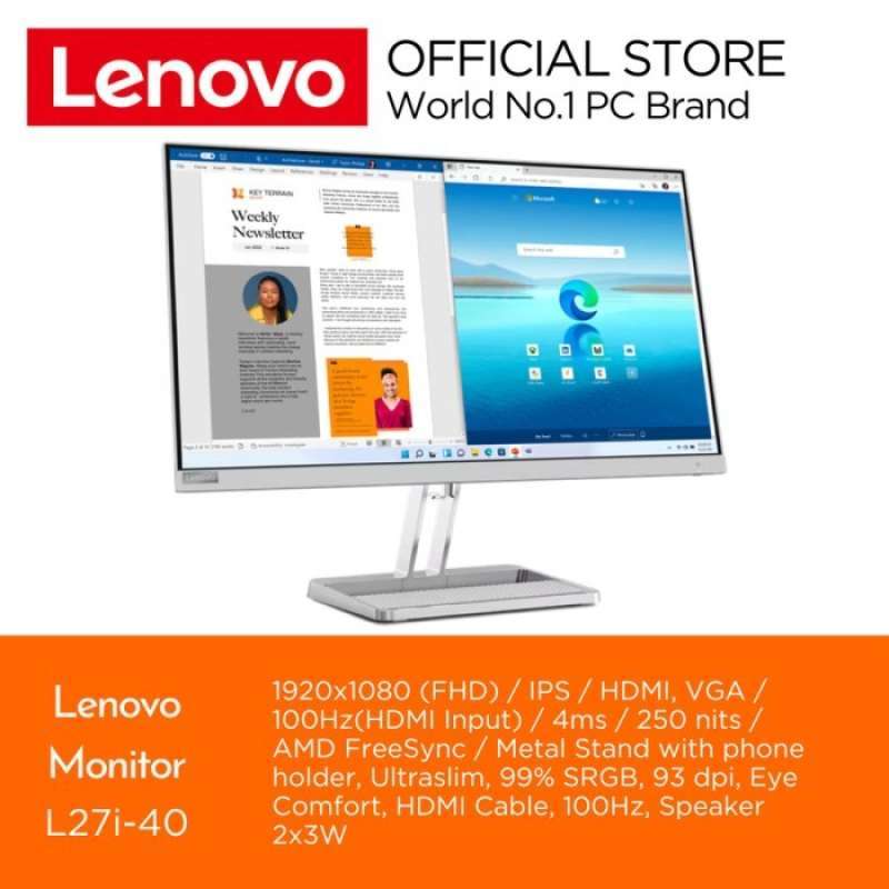 Lenovo L27i-4B Écran 27" FHD IPS 100 Hz - Idéal Bureau, Multimédia Et Gaming Léger Avec HDMI & VGA
