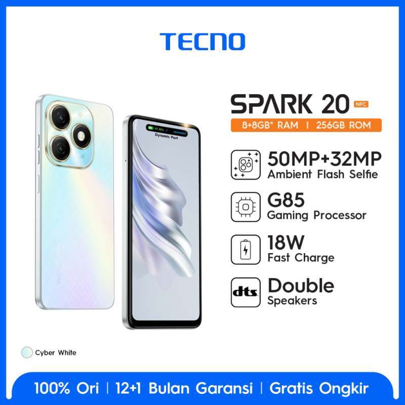 Jual Tecno Spark 20 Nfc 8/256gb, Mtk Helio G85, 5000mah+18w Fast