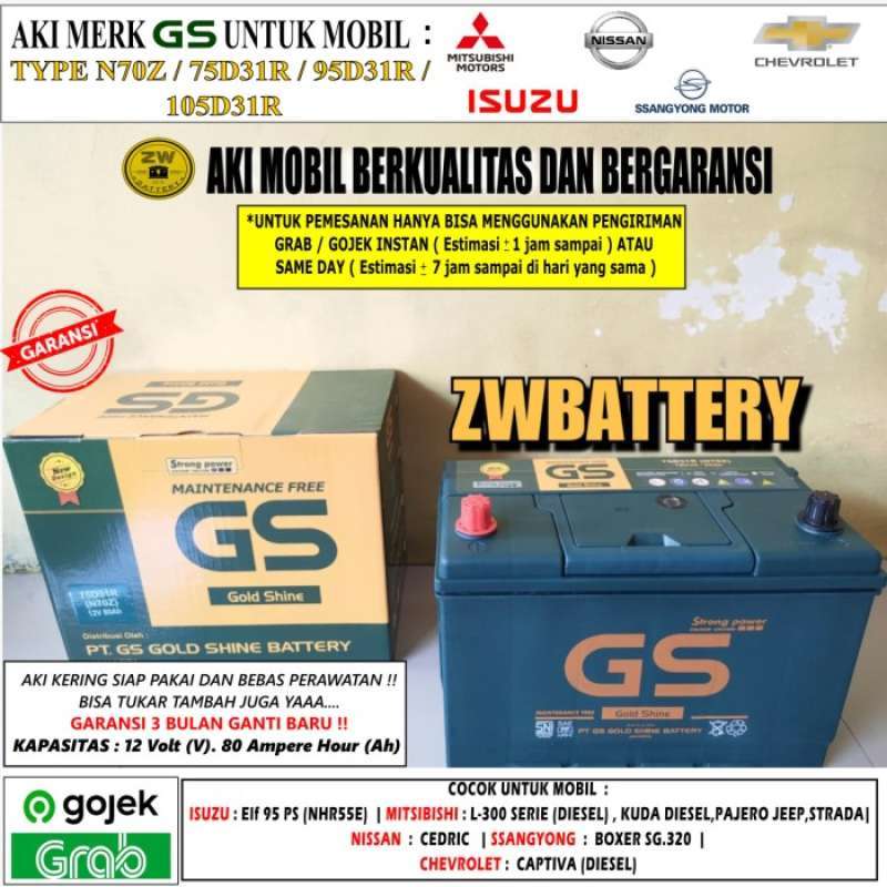 Promo Aki Mobil N70z / 75d31r 12 Volt 80 Ampere Gs Mf Terbaik Diskon 8%