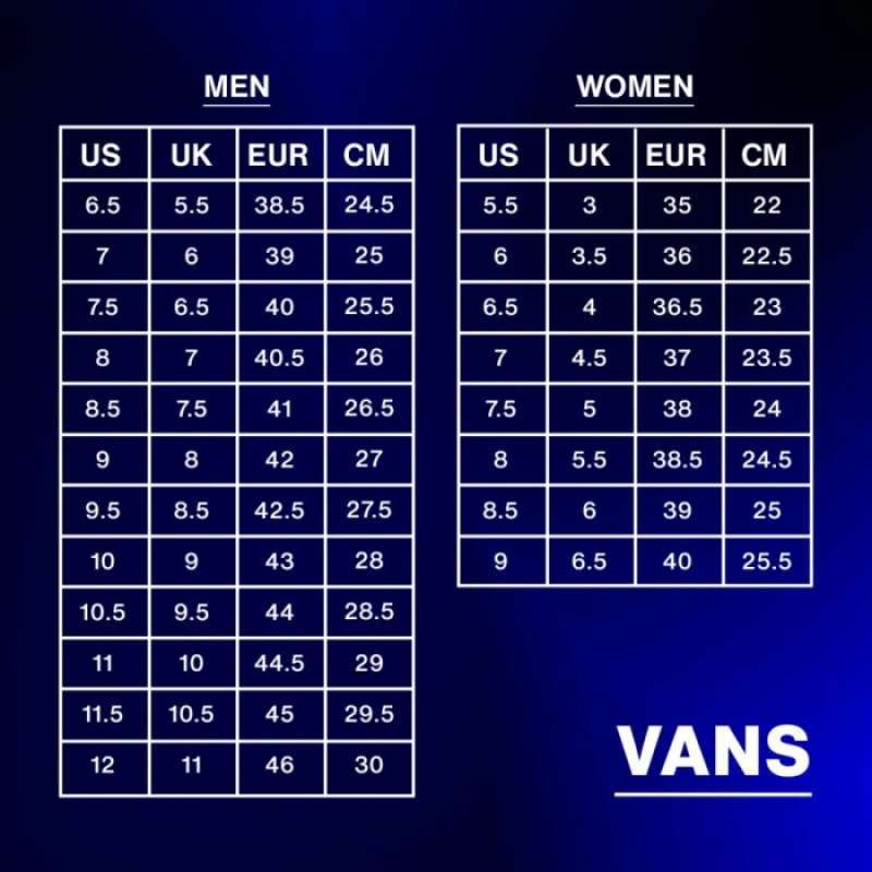 Size chart sepatu vans hotsell