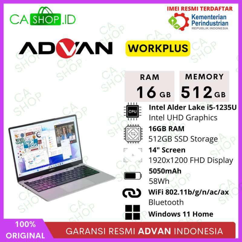Laptop Advan Workplus dengan RAM 16GB dan Intel i5 Gen 12, Layar 14 Inch FHD, Berat Ringan 1.3Kg, dan Fingerprint. Ideal untuk Profesional dan Kreasi Konten