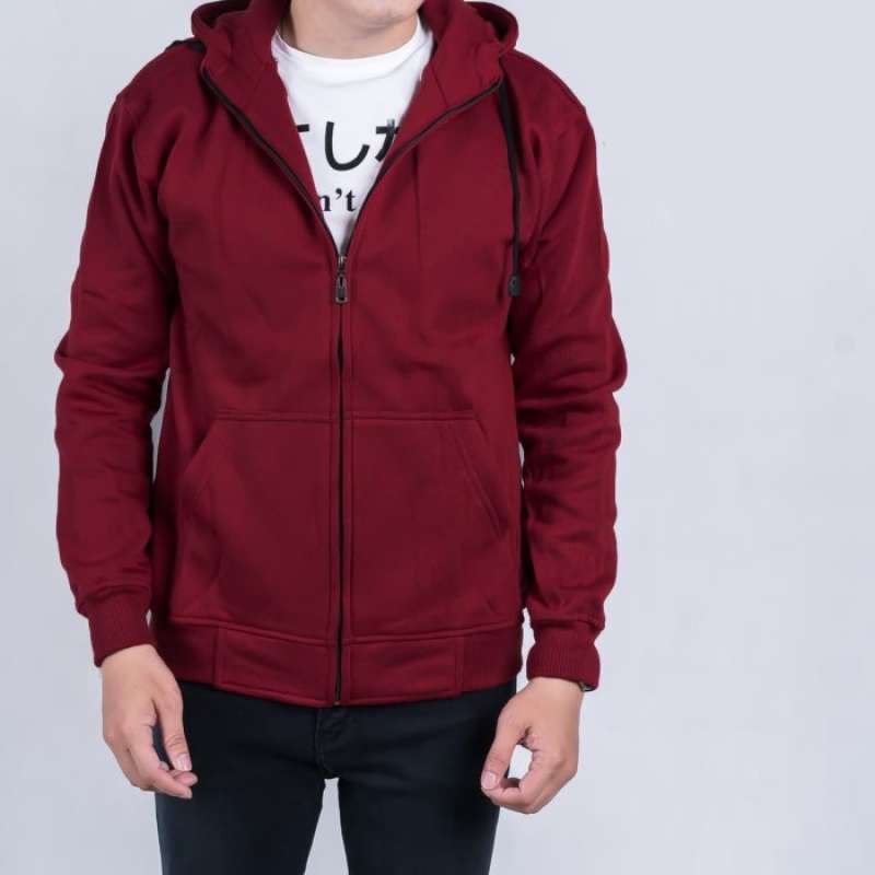 JAKET HOODIE SLETING PRIA WANITA UNISEX POLOS DARK RED MAROON Maroon M