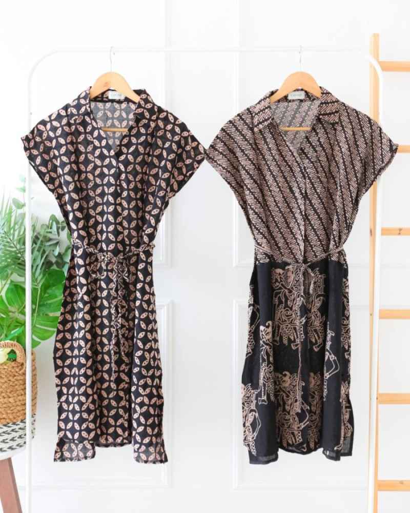 DRESS BATIK MIDI KANTOR HOMEDRESS BATIK MODERN DRESS TALI FORMAL MOTIF