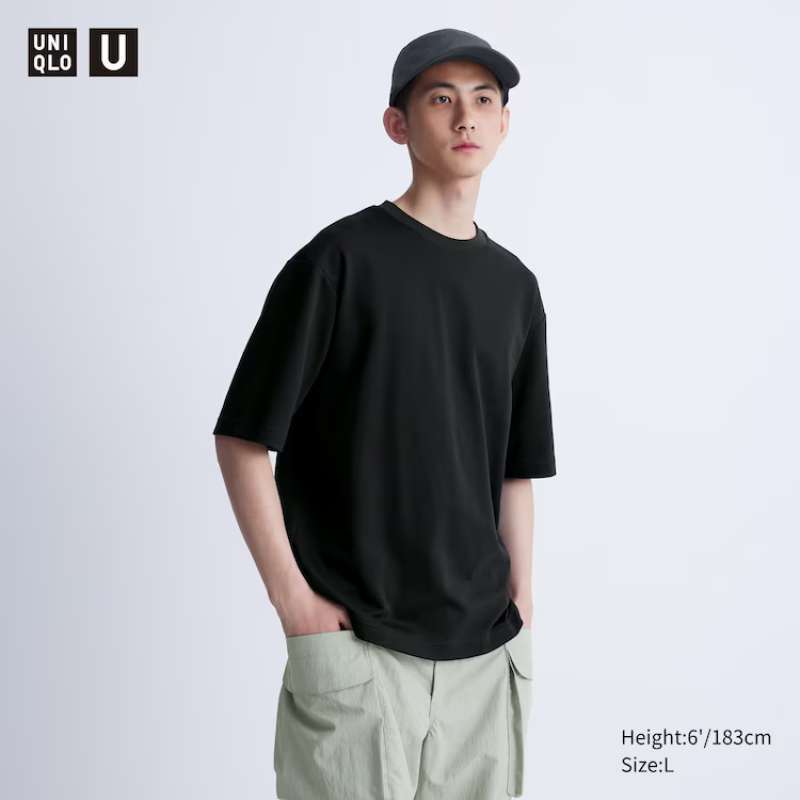 UNIQLO U AIRism Cotton T-Shirt Katun Kaos Oversize Pria Kerah Bulat Crew  Neck Lengan Half 1/2 Black