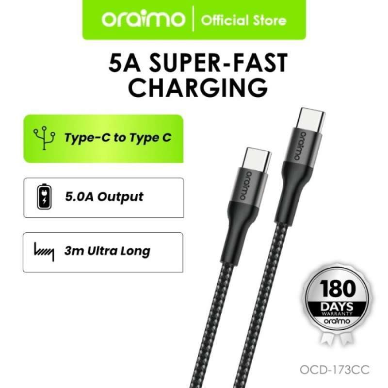 Jual Kabel Data Oraimo Plusline Ocd-173cc Type C 100w 3m 5a Super Fast  Charging Nylon Braided Data Cable Ocd 173cc Di Seller Komputermedan  Flagship Store - Komputer Medan - Kota Medan | Blibli