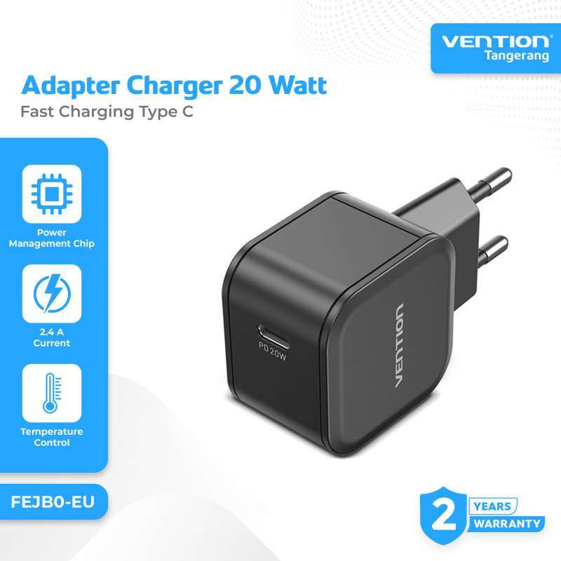 Vention Adapter Charger 20W Type C PD Fast Charging Wall Charger 20 Watt  Tipe C Black FEJB0-EU