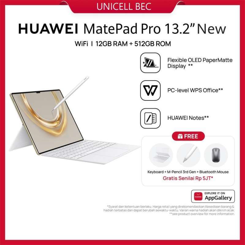 HUAWEI MatePad Pro Emas Premium 13,2-Inci untuk Pengguna Profesional, RAM 12GB & Layar Fleksibel PaperMatte, Baterai Besar & Pengisian Cepat