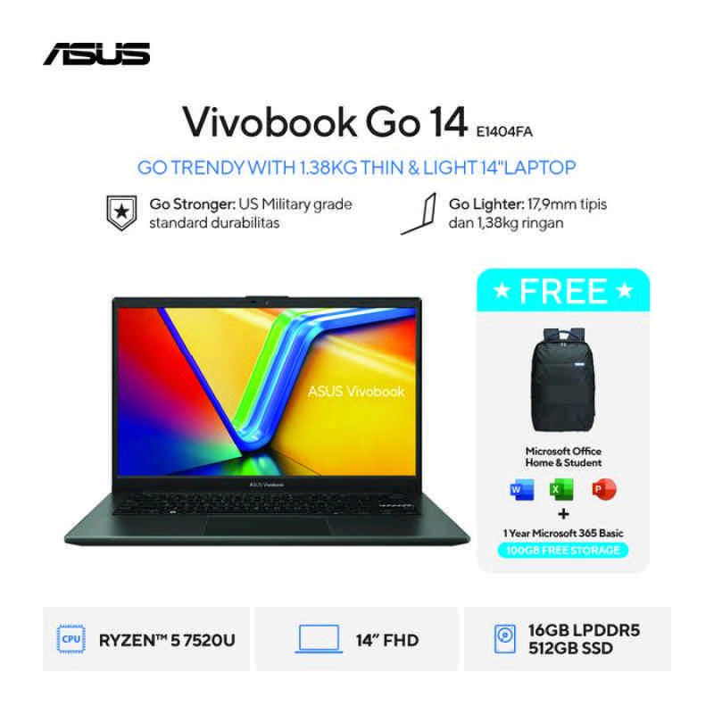 Laptop ASUS VivoBook Go 14 E1404FA VIPS5151M Ryzen R5 7520U UMA RAM 16GB  SSD 512GB VIPS FHD OPI 2024 FREE M365 Win 11 Mixed Black