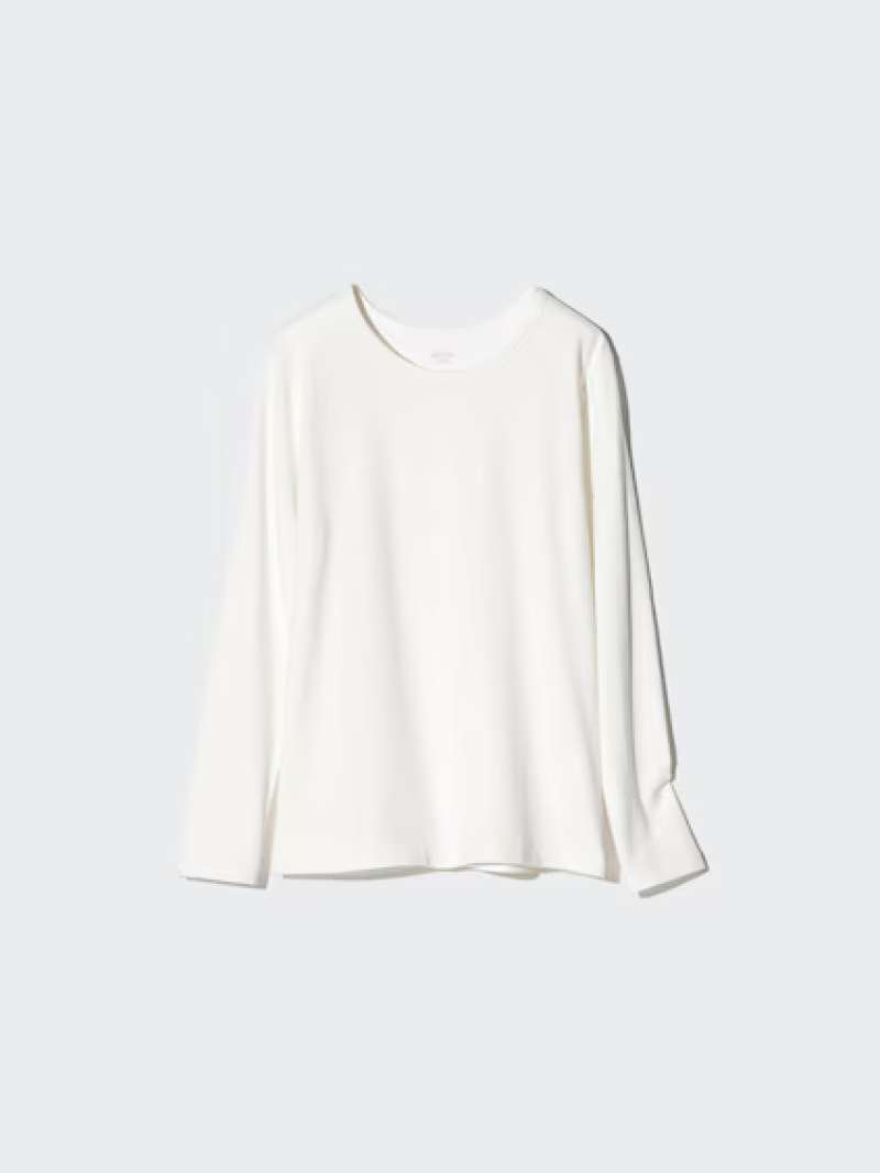 UNIQLO HEATTECH Extra Warm Cotton T-Shirt Kaos Long John Katun wanita  Ekstra Hangat Kerah Bulat Crew Neck Lengan Panjang Off White