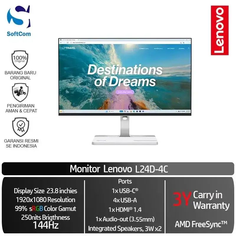 Jual Lenovo L24d 4c Monitor 23.8 Inch Fhd Ips 99% Srgb 144hz USB-C