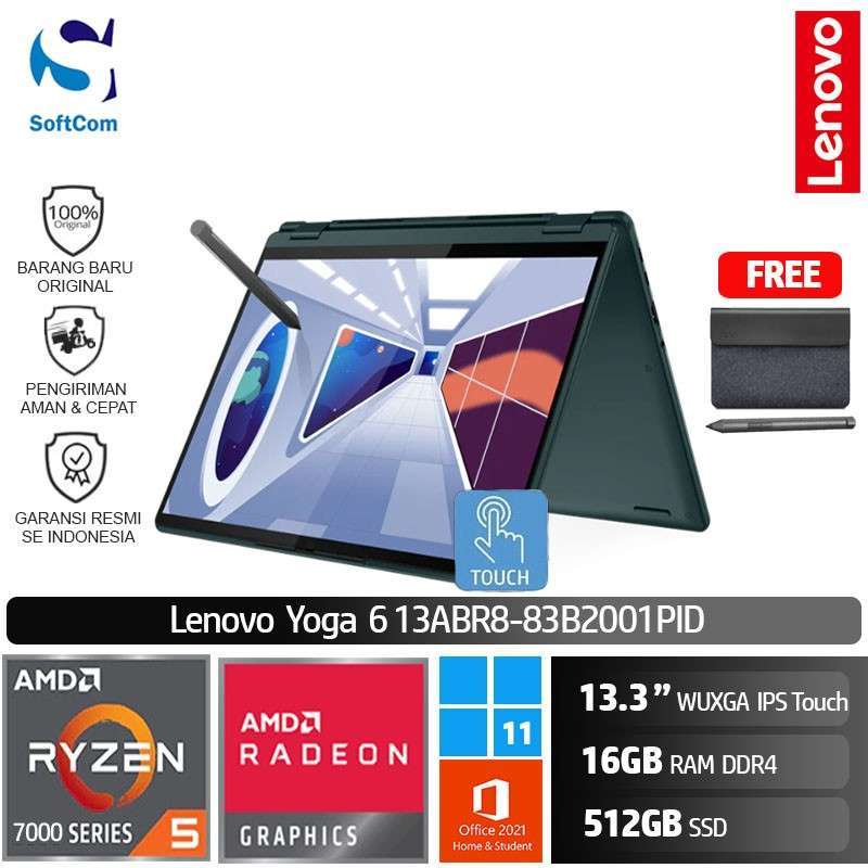 Promo lenovo yoga 6 1pid laptop 2 in 1 ryzen 5 7530u 16gb 512gb ssd 13