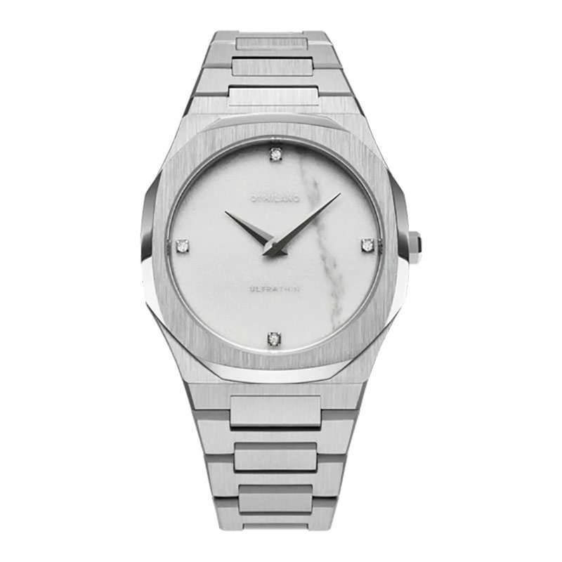 Jam Tangan Wanita D1 Milano Ultra Thin D1 UTBL13 White and Grey Marble Patterns Dial Stainless Steel Strap