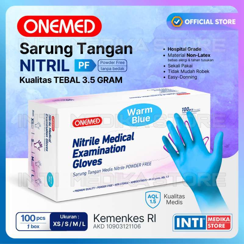 ONEMED Sarung Tangan Nitril WARM BLUE POWDER FREE Tanpa Tepung Nitrile  Examination Gloves PF