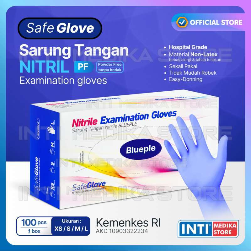SAFEGLOVE Sarung Tangan Nitril BLUPLE POWDER FREE Tanpa Tepung Nitrile  Examination Gloves PF
