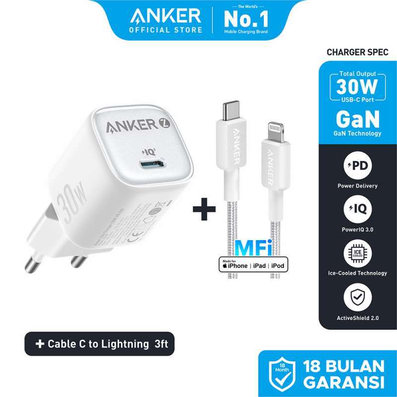 Anker Wall Charger GaN Adaptor Kabel for iPhone 16 15 14 13 12 11 X 20W 30W  PD USB Type C Lightning MFi Fast Charging