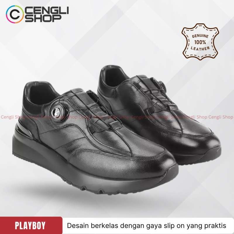 PL06 PLAYBOY SEPATU SNEAKER KULIT PRIA ORIGINAL SNEAKERS LEATHER ALL FULL  BLACK HITAM POLOS