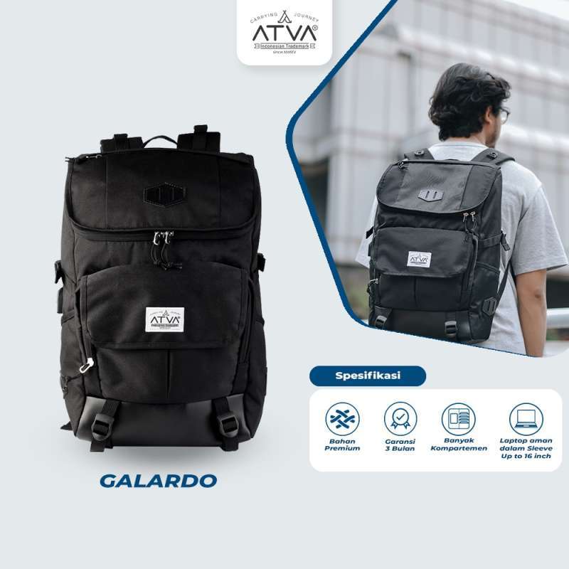Tas Ransel Smart Backpack USB Port, Laptop 16 Inch Gendong– Kuliah,  Kerja,ATVA Galardo Hitam (Black)