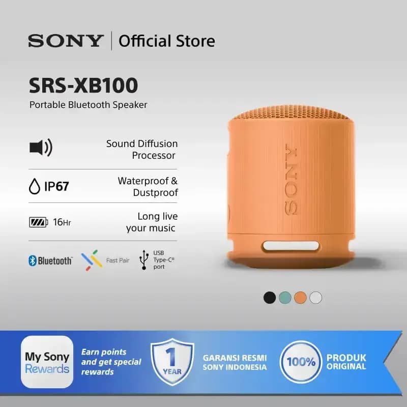 Sony SRS-XB100 Speaker Bluetooth Portabel dengan EXTRA BASS dan Daya Tahan Baterai hingga 16 Jam, Cocok untuk Pengguna Android & iOS dan Aktivitas Outdoor