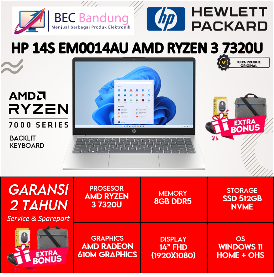 Jual Laptop HP 14S Amd Ryzen 3 7320U RAM 8GB DDR5 SSD 512GB FHD Amd ...