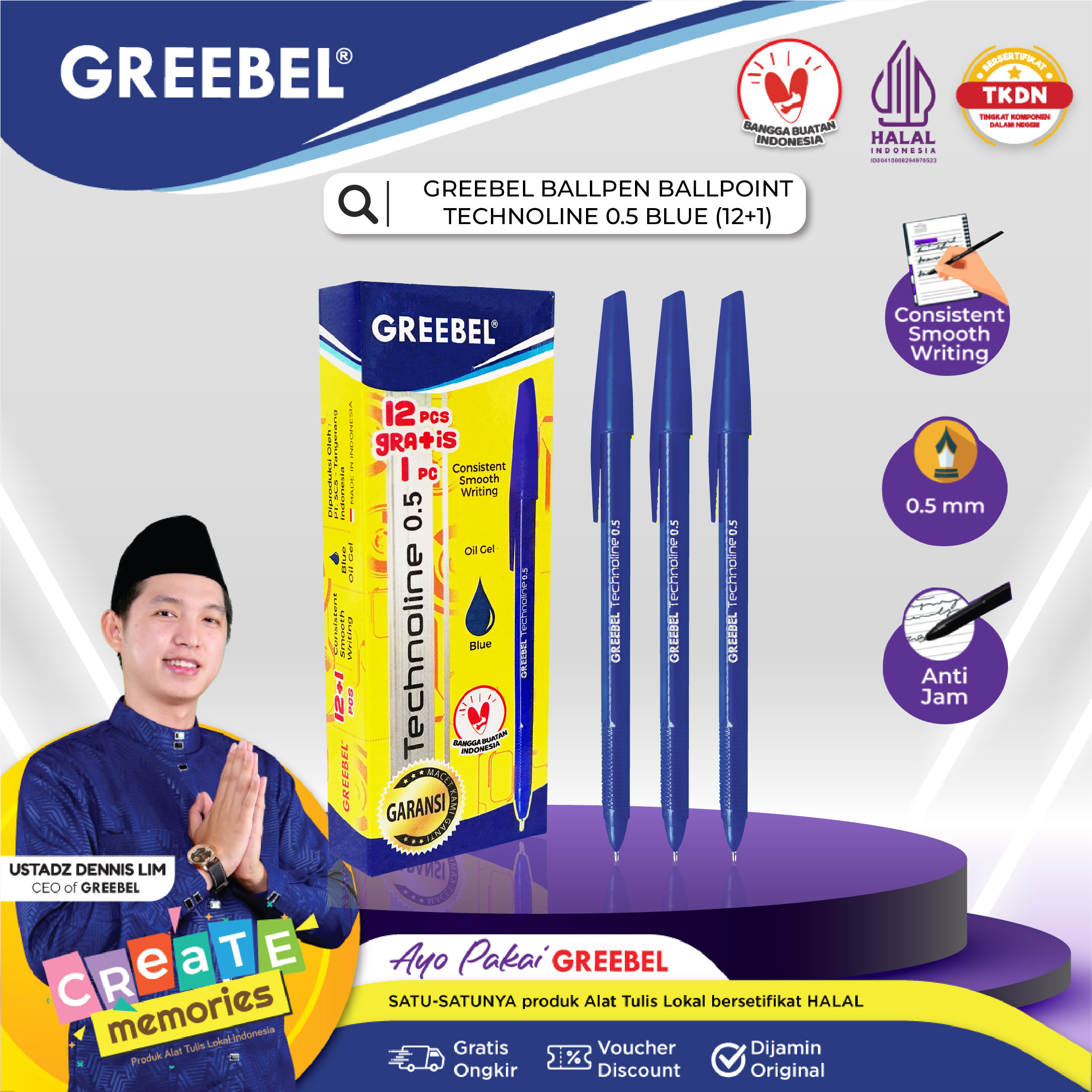 Promo Greebel Pulpen Technoline 0.5 Blue/pen/pulpen/bolpoint Utk Atk