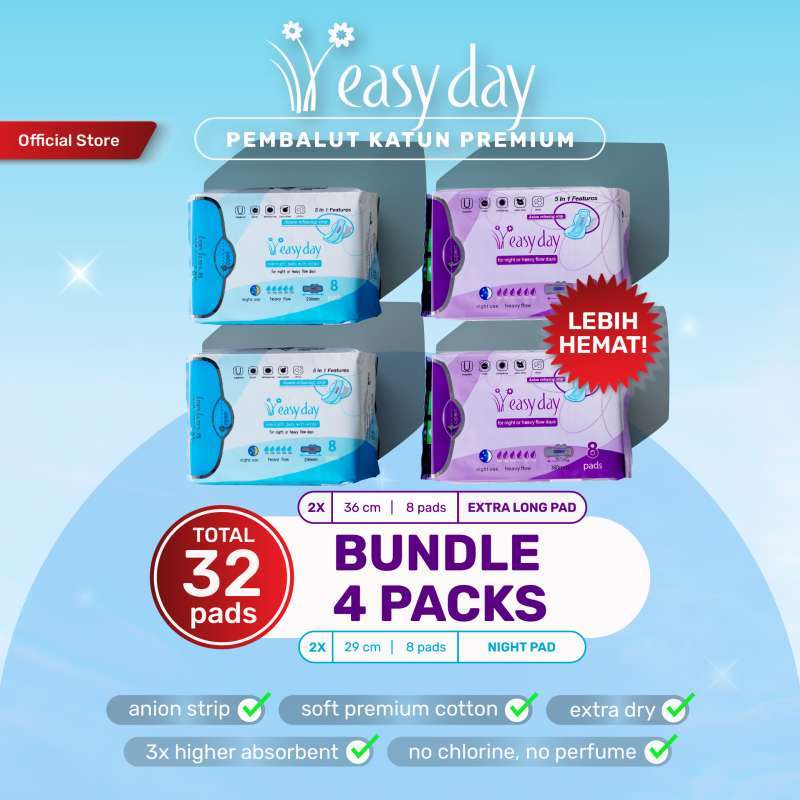 Promo 4 Pack Bundle Easyday Pembalut Wanita | 2 Night + 2 Xtra Long ...