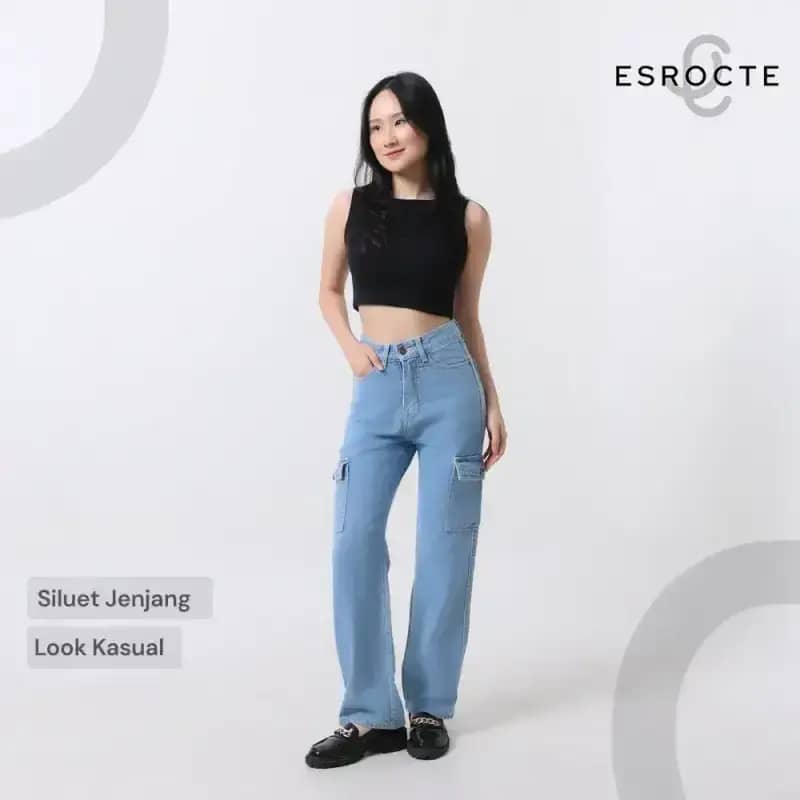 ESROCTE Celana Loose Cargo High Waist Jeans Wanita P45 Biru Folder 26-38