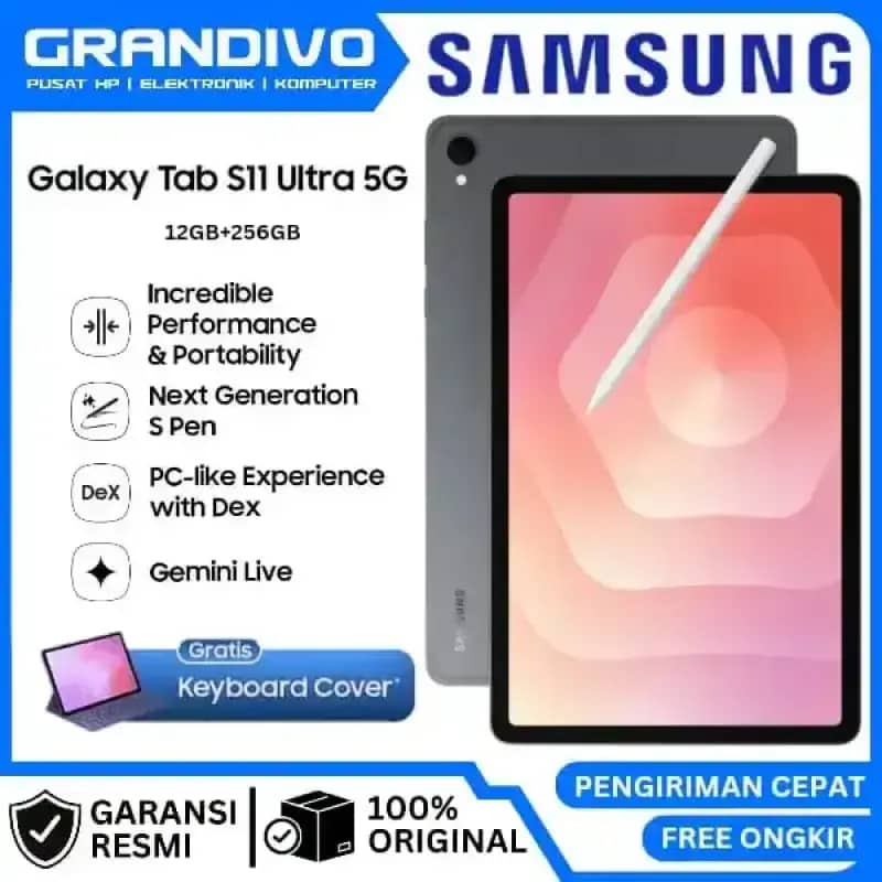 Samsung Galaxy Tab S11 Ultra 5G dengan Layar Besar 14.6 dan Prosesor Dimensity 9400+, RAM 12GB, untuk Profesional dan Hiburan, Dilengkapi DeX dan Garansi Resmi
