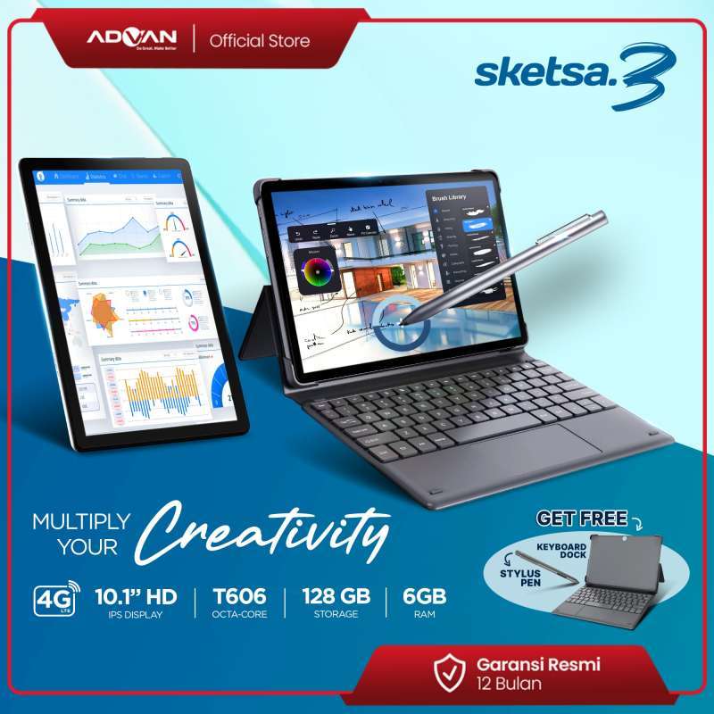Advan Tab Sketsa 3 dengan Layar 10.1 HD IPS, RAM 6GB, Memori 128GB, dan Keyboard serta Stylus Pen, Ideal untuk Kreativitas dan Bisnis UMKM