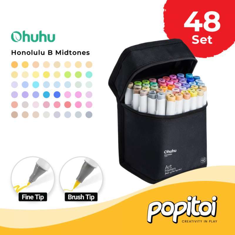 OHUHU Honolulu B Mid-Tone 48 Color Dual Tip Brush Fine Chisel Alcohol Art  Marker Spidol Kuas Warna
