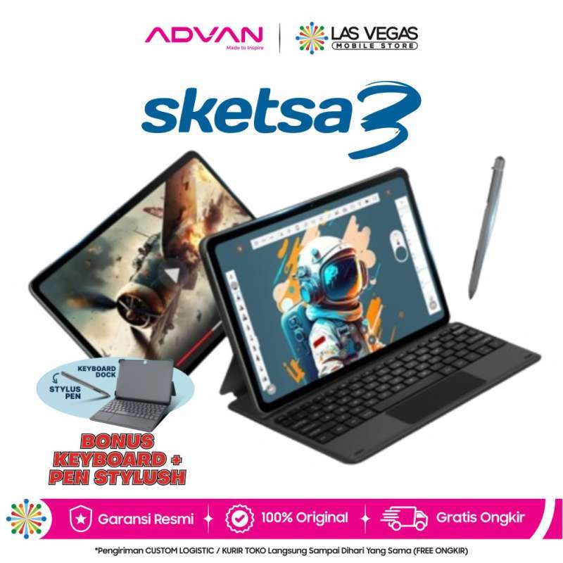 ADVAN Tab Sketsa 3 dengan RAM 6GB dan Penyimpanan Internal 128GB, 10.1 HD IPS, Bonus Keyboard dan Stylus Pen. Ideal untuk Kerja Kreatif dan UMKM