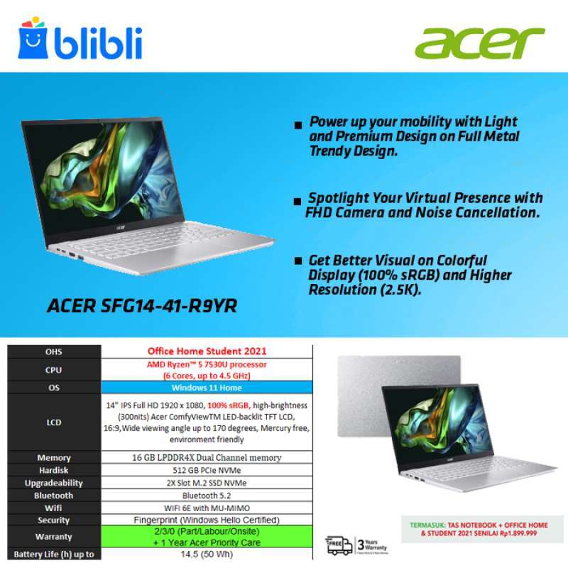 Swift R9yr Promo Acer Swift Go Sfg14-41-r9yr - Silver [14 Fhd/r5-7530u/16g Ddr4 ...