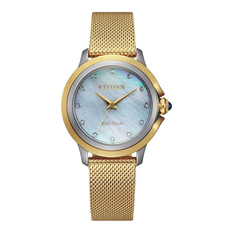 Jam Tangan Wanita Citizen Eco-Drive EM0794-54D Mother Of Pearl Dial Gold  Stainless Steel Strap
