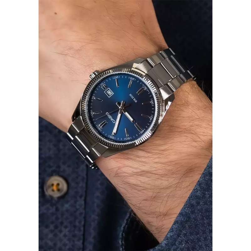 CASIO MTP-1302D Silver Blue Original 39 mm Stainless Steel Jam Tangan Pria