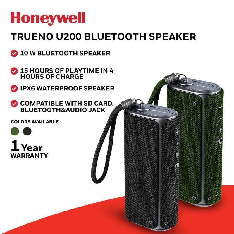 Speaker Bluetooth Honeywell Trueno U200 dengan Konektivitas Tanpa Hambatan, IPX6 Tahan Air, dan Baterai 2000mAh. Ideal untuk Penggemar Musik dan Aktivitas Luar Ruangan
