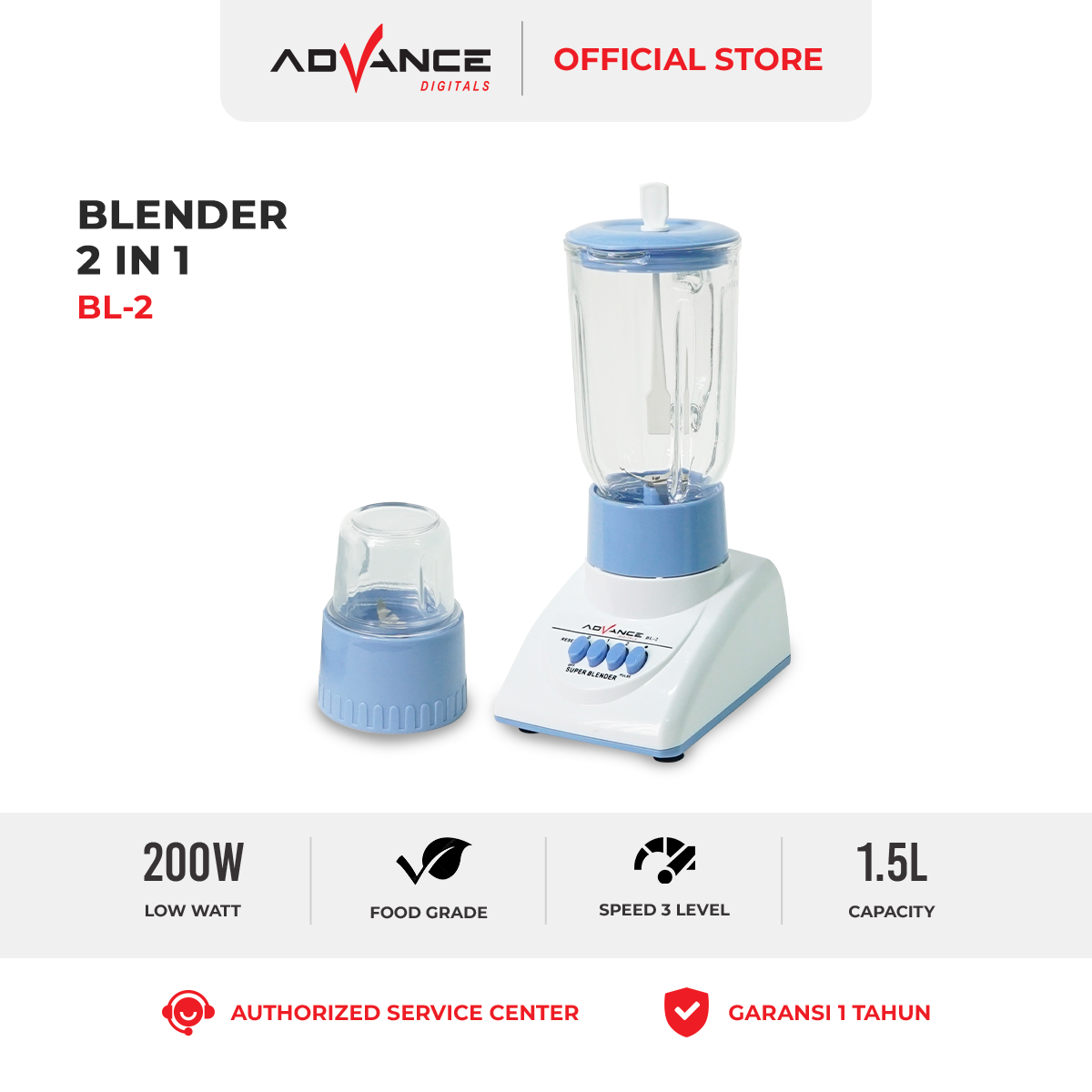 Promo Advance Bl2 Tabung Kaca Blender 1.2 Liter Multifungsi