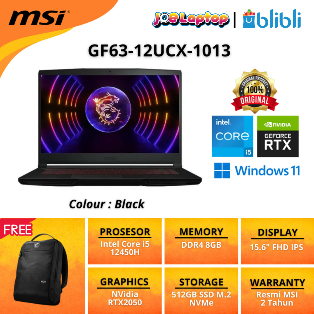 Jual Msi Thin Gf6312ucx1013 Black I5 12450h Win11 Di Seller Joe Laptop Baratajaya, Kota