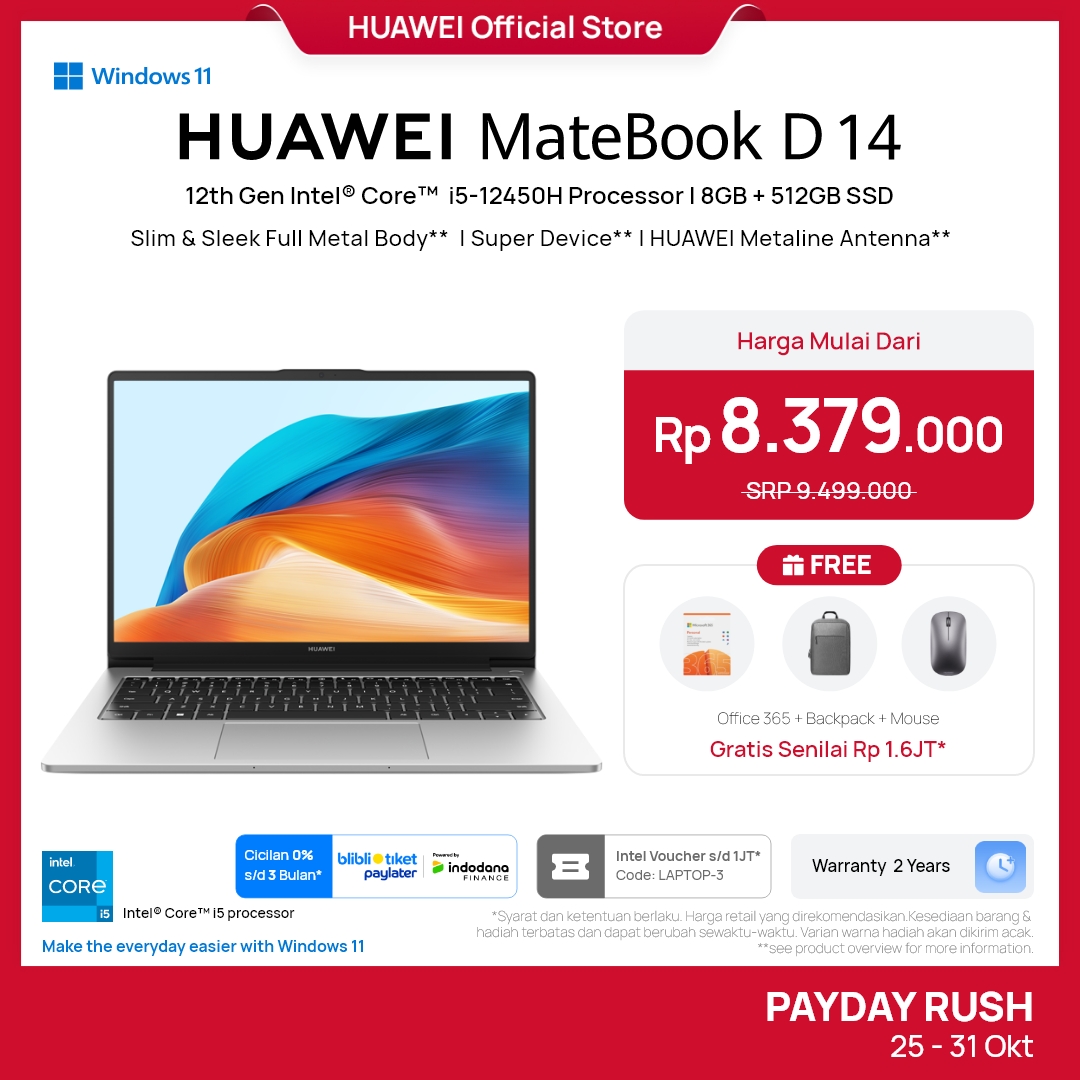 Promo [gratis Backpack + Mouse] Huawei Matebook D 14 Up To I5-13420h 16 ...