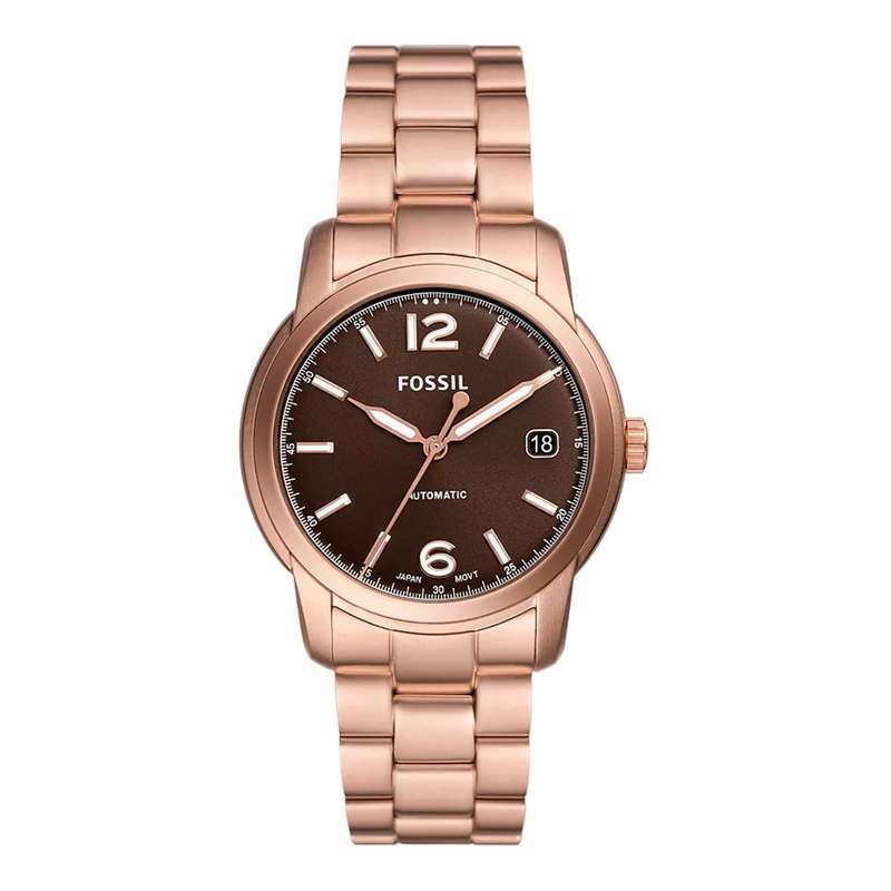 Jam Tangan Unisex Fossil Heritage ME3258 Automatic Brown Dial Rose Gold  Stainless Steel Strap