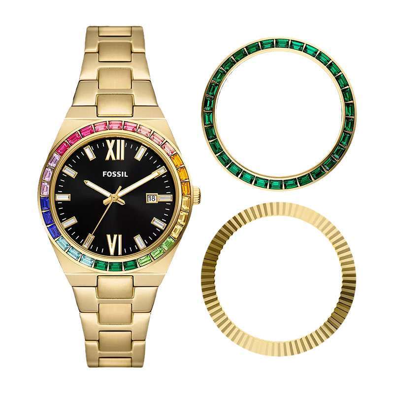 Jam Tangan Wanita Fossil Scarlette ES5311SET Ladies Black Dial Gold  Stainless Steel Strap Topring Box Set